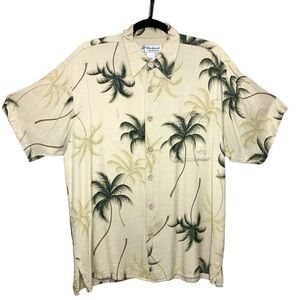 Vintage Tropical Palm Silk Blend Short-Sleeve Shirt Beige Green Button up Sz M